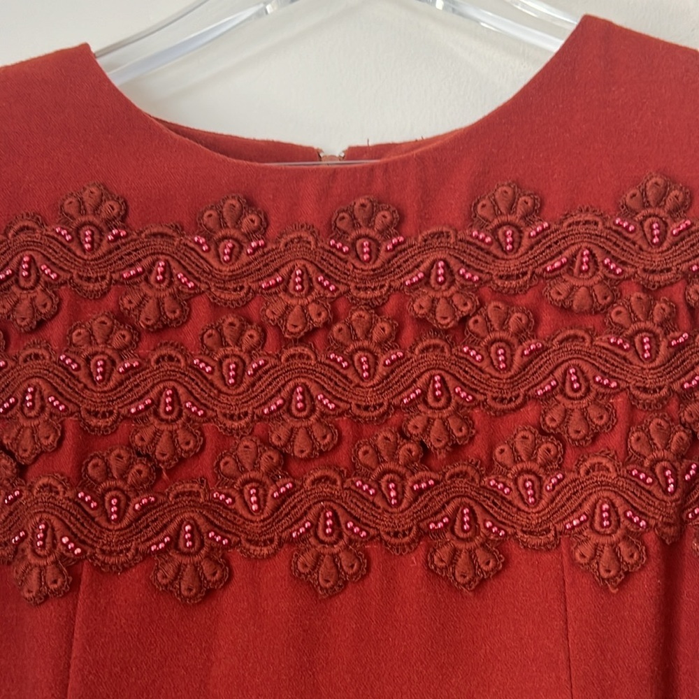 Vintage 1980's Bead Embroidered Wool Blend Midi Rust Orange Red Dress 2 - Picture 5 of 11
